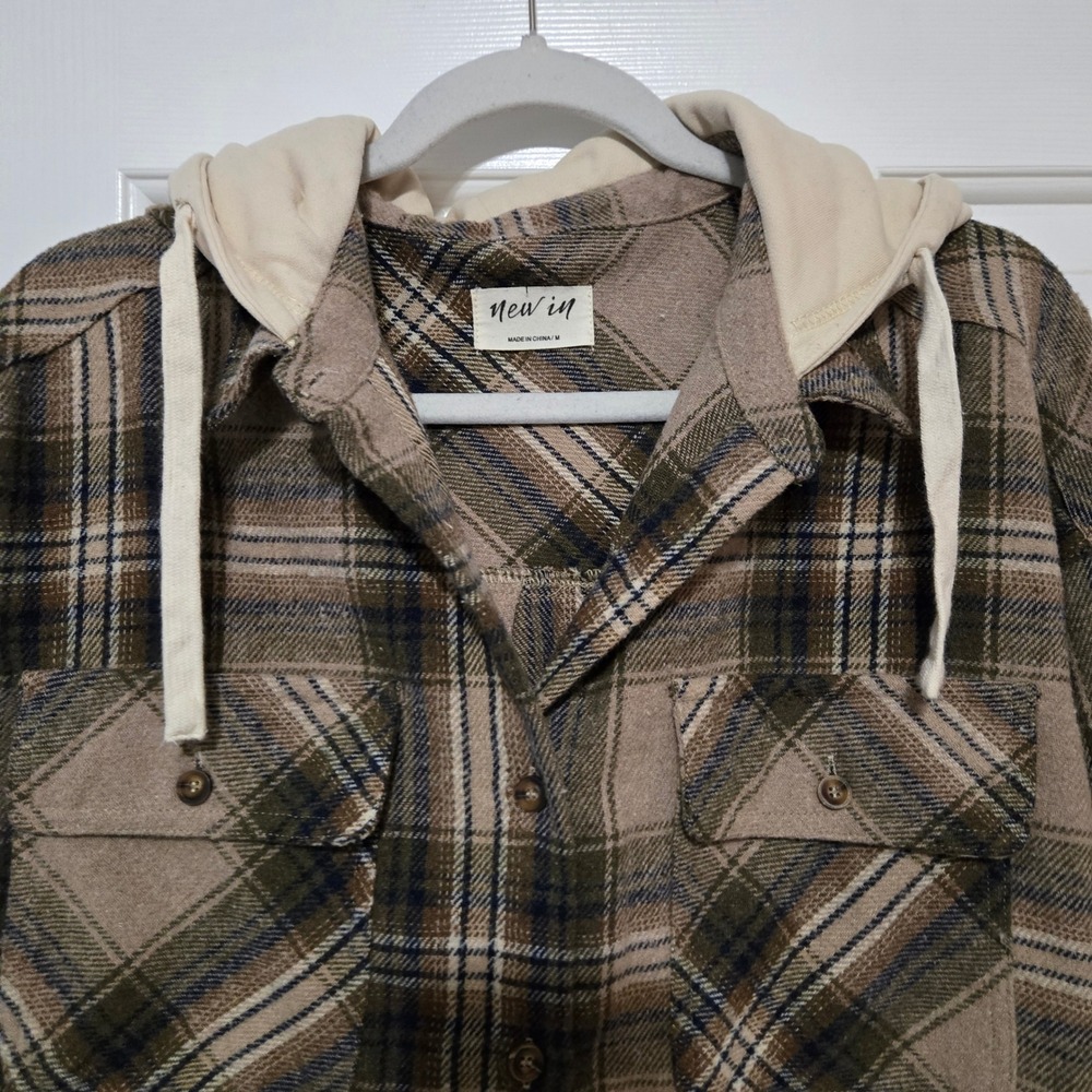 New In Plaid Flannel Drawstring Hoodie Shirt Jacket Beige Green Blue Fray Hem M